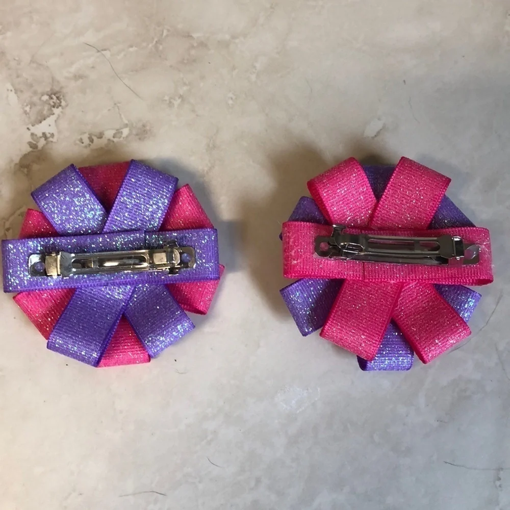 2/$15 Pink Purple Sparkly Hair Bow Barrettes Set Rhinestone Girls Boutique Clips